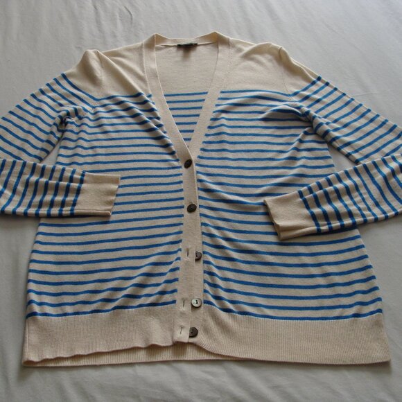 ANN TAYLOR Cream & Blue STRIPED Long Sleeve WOOL Blend BUTTON Up CARDIGAN Sz M - Picture 1 of 7